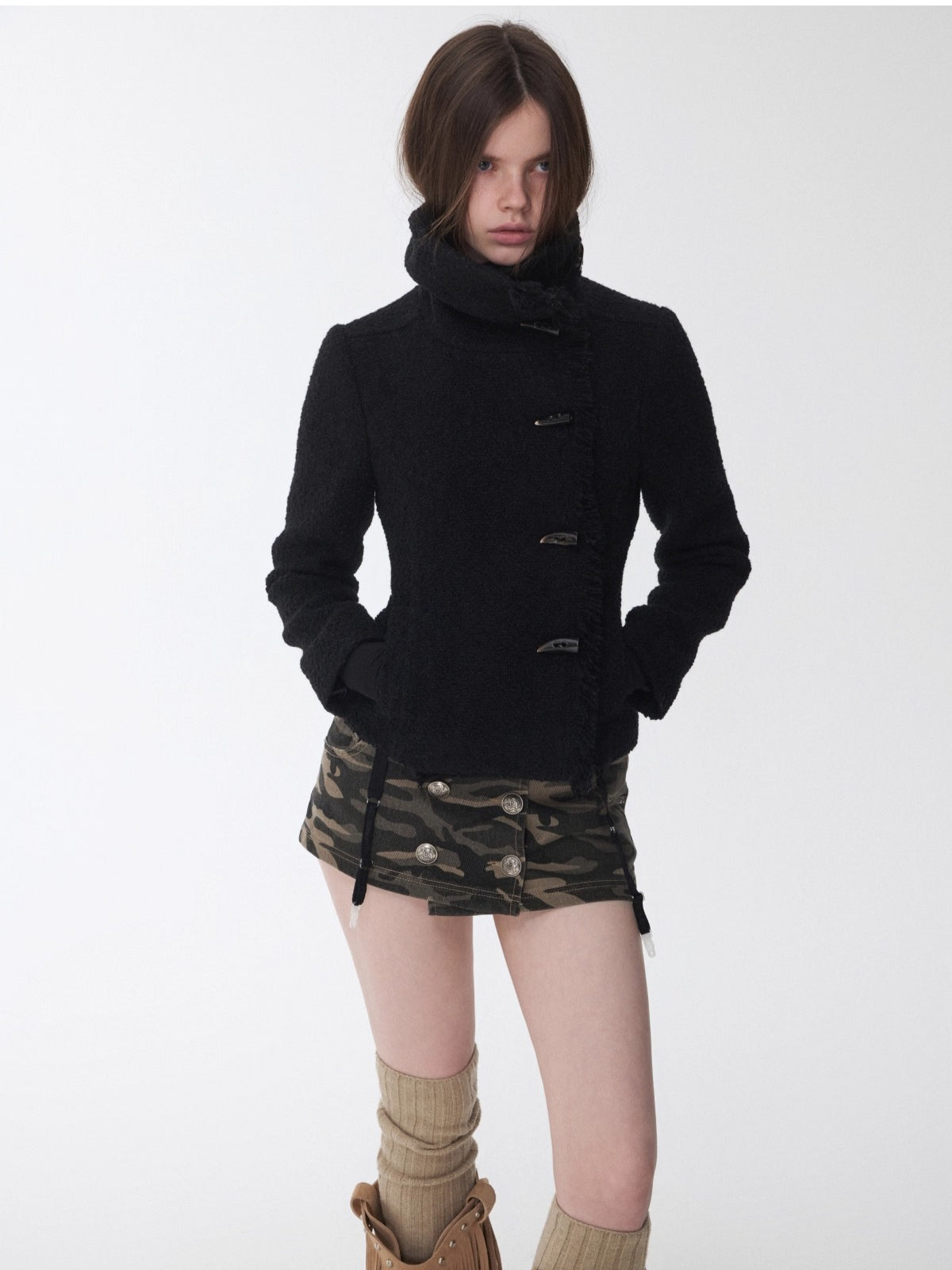Wool Blend Horn Button High-neck Jacket