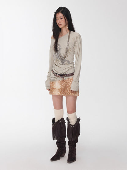 Vintage Deer Print Faux Fur Skirt