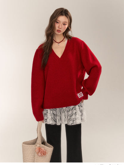 Halter V-Neck Loose Knit Sweater