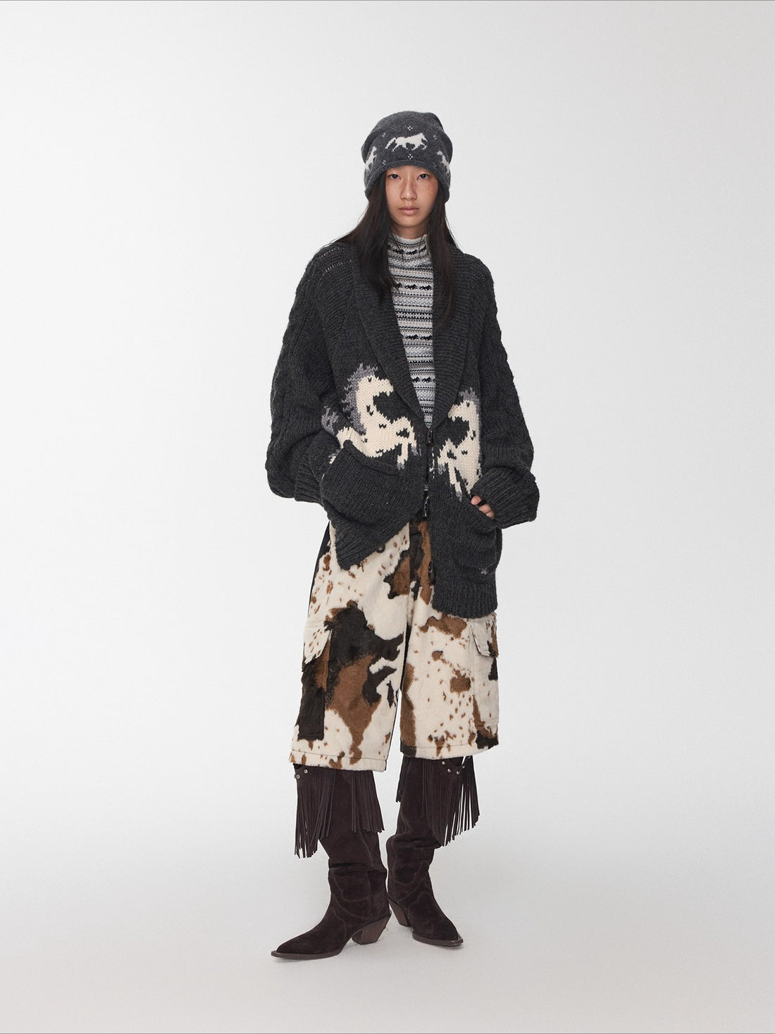 Pony Jacquard Horn-Button Chunky Cardigan