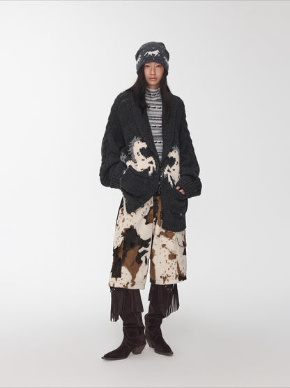 Pony Jacquard Horn-Button Chunky Cardigan