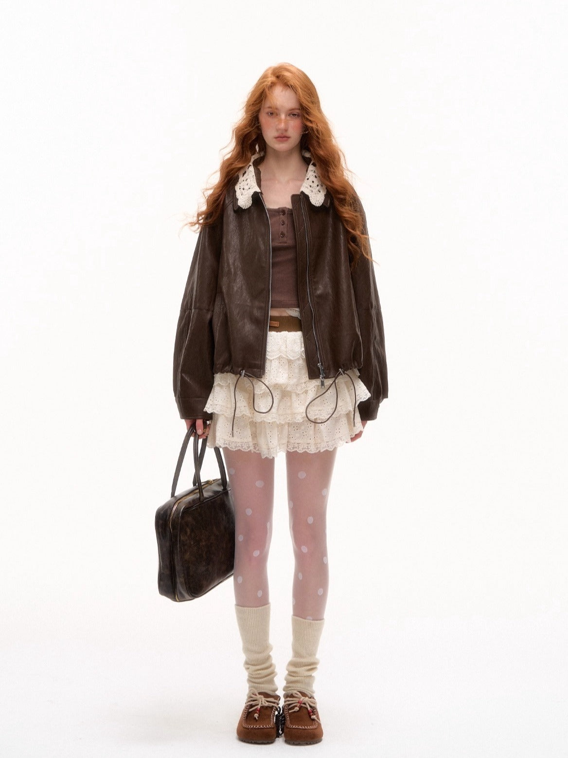 Detachable Collar Zip-Up Leather Jacket