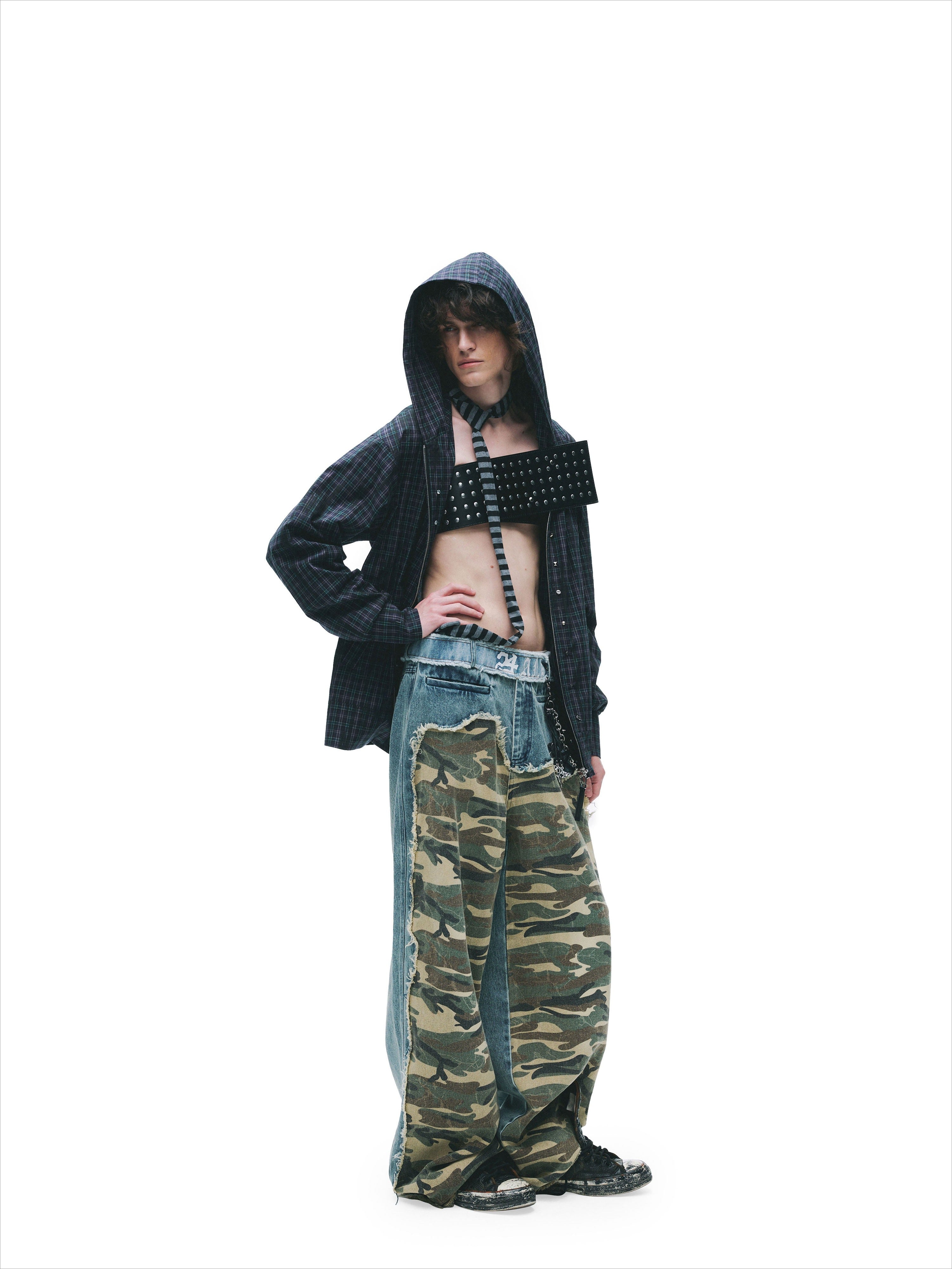 Distressed Studded Hooded Shirt