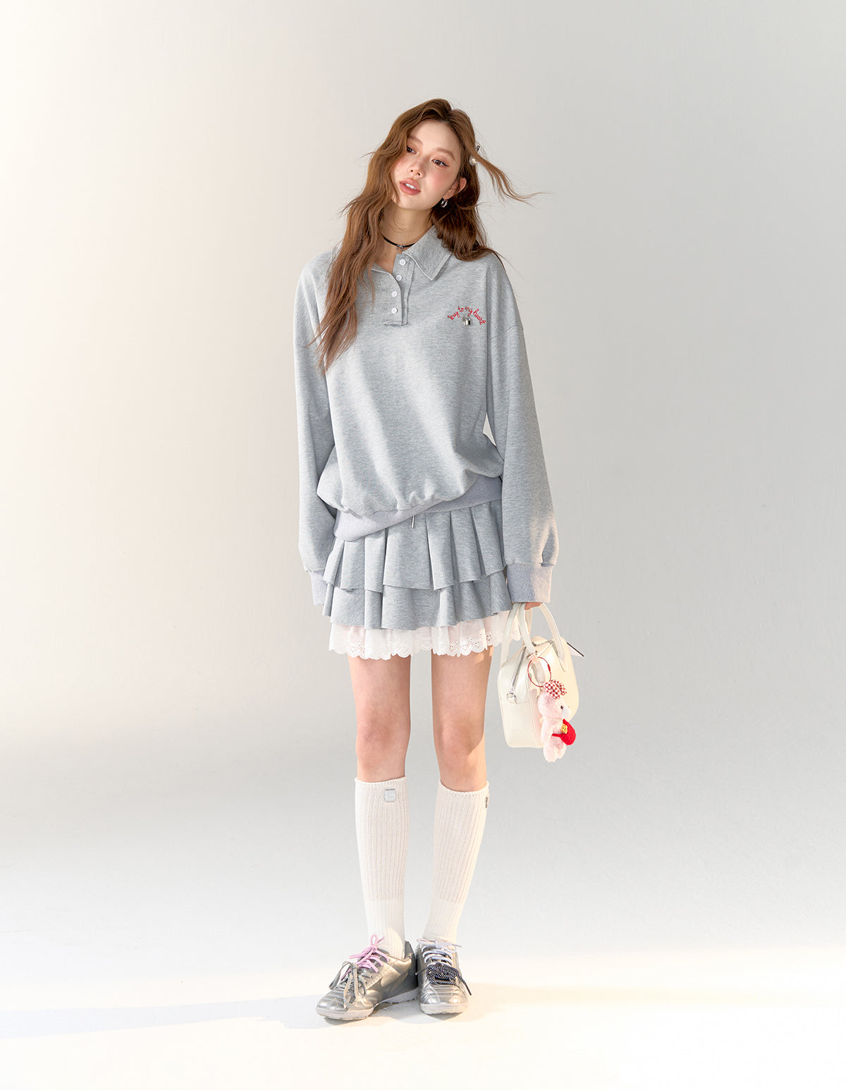 American College Style Polo Collar Sweatshirt &amp; Skirt Set