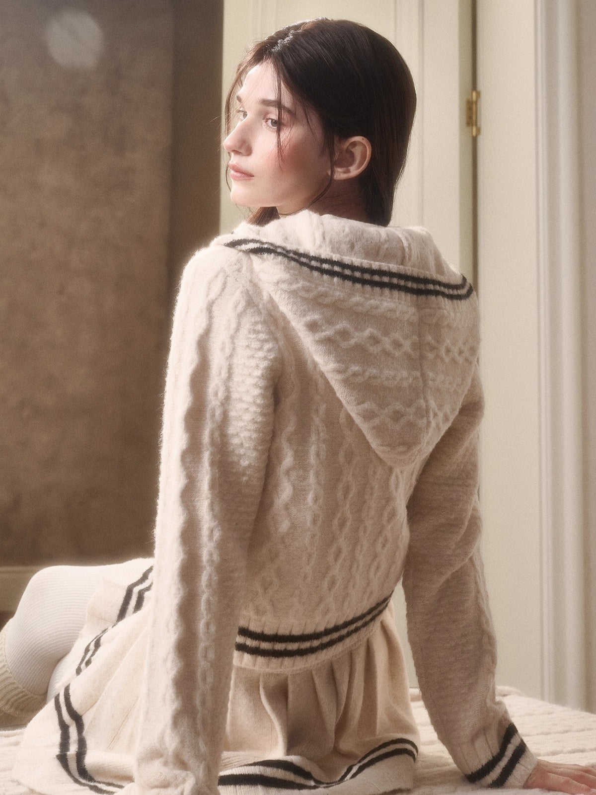 White Philosophy Wool Cloud Cable-Knit Cardigan &amp; Pleated Skirt Set