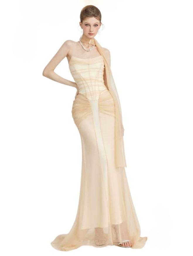 (Final Sale) Black &amp; Apricot Tulle Ruffled Slim-fit Strapless Dress