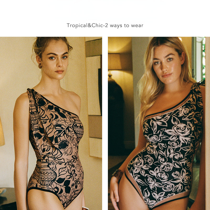 Brown &amp; Black Double-Sided Printed One-Piece Swimsuit