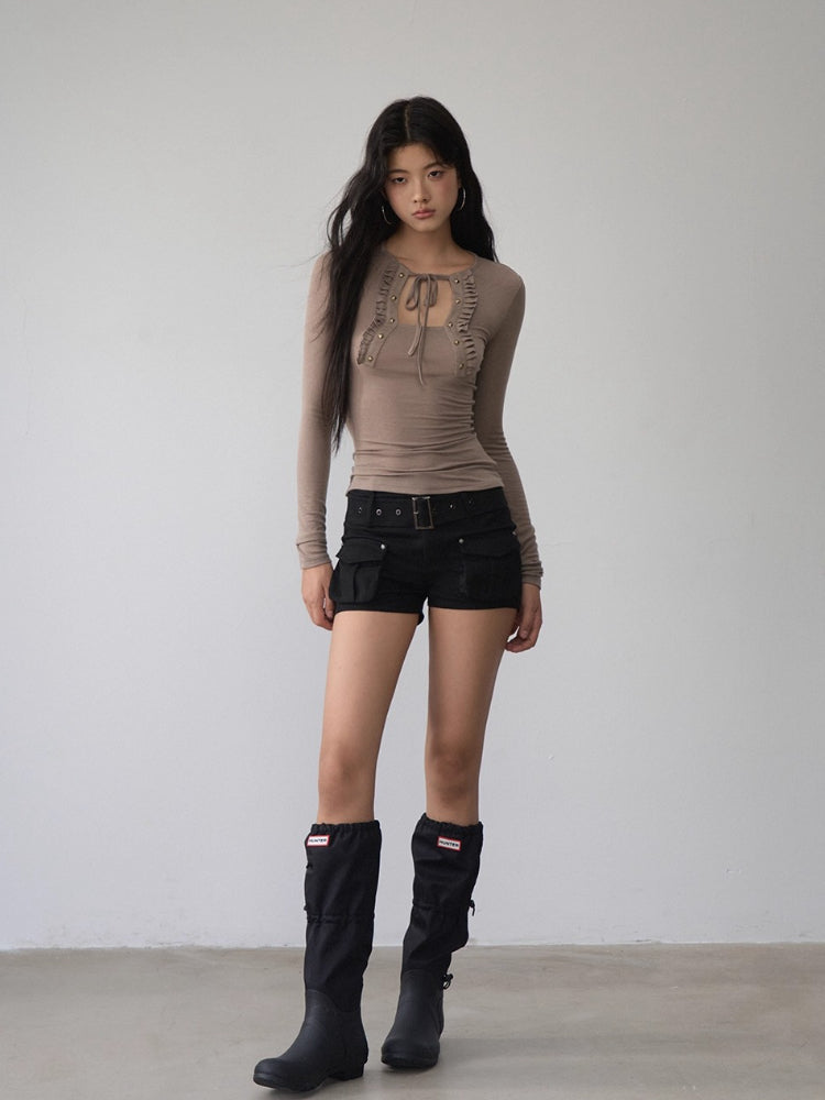 Rivet &amp; Tie Ruffle Long Sleeve T-Shirt