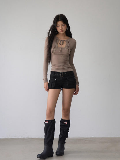 Rivet &amp; Tie Ruffle Long Sleeve T-Shirt - CHINASQUAD