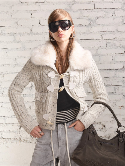 100% Wool Retro Cable-Knit Horn Button Jacket