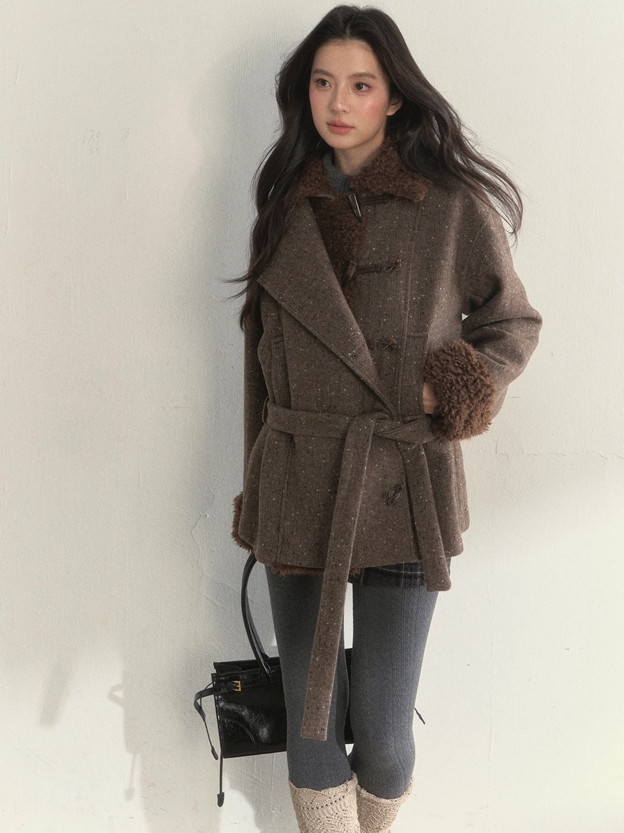 Deep Grey &amp; Brown Wool Blend Fleece-Collar Coat