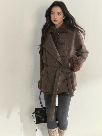 Deep Grey &amp; Brown Wool Blend Fleece-Collar Coat