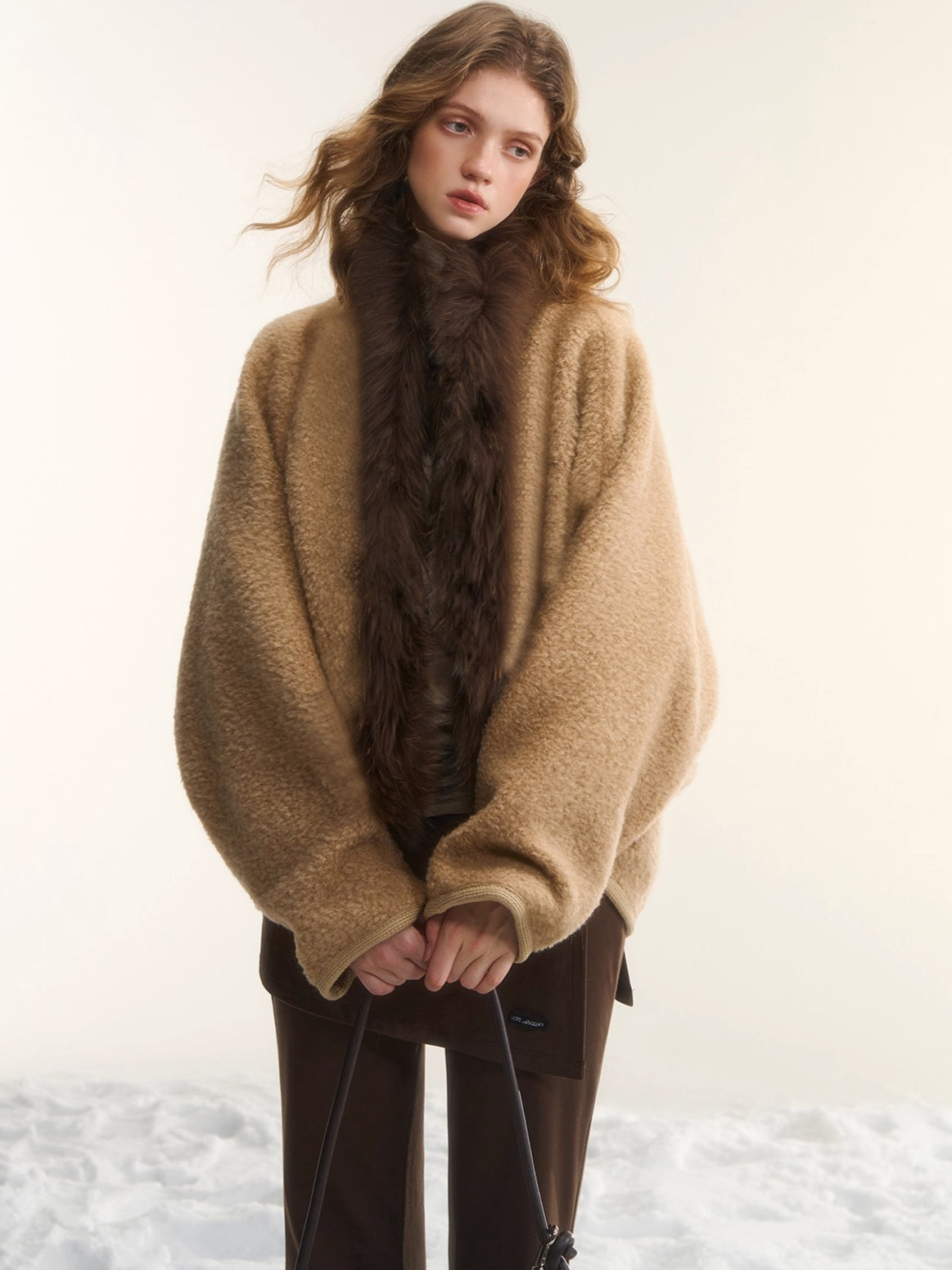 Wool-Blend Fur-Trim Cape Jacket