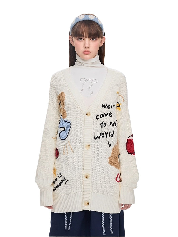 Graffiti Knit V-Neck Cardigan