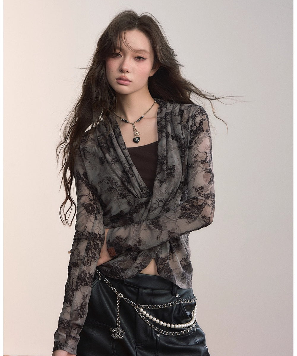 Sheer Lace Draped Crossover Blouse