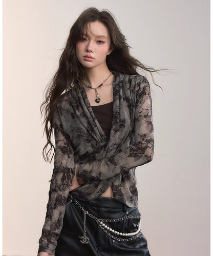 Sheer Lace Draped Crossover Blouse