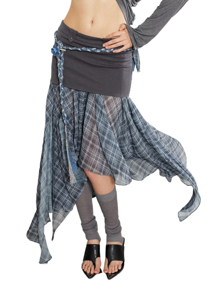 Checkered Mesh Spliced Midi Skirt