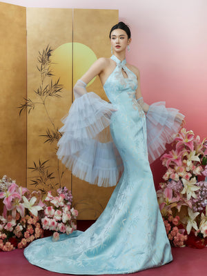 Aqua Jade Embroidered Halterneck Mermaid Gown with Tiered Tulle Shawl