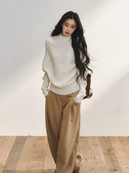 Asymmetric Buttoned White Knit Sweater