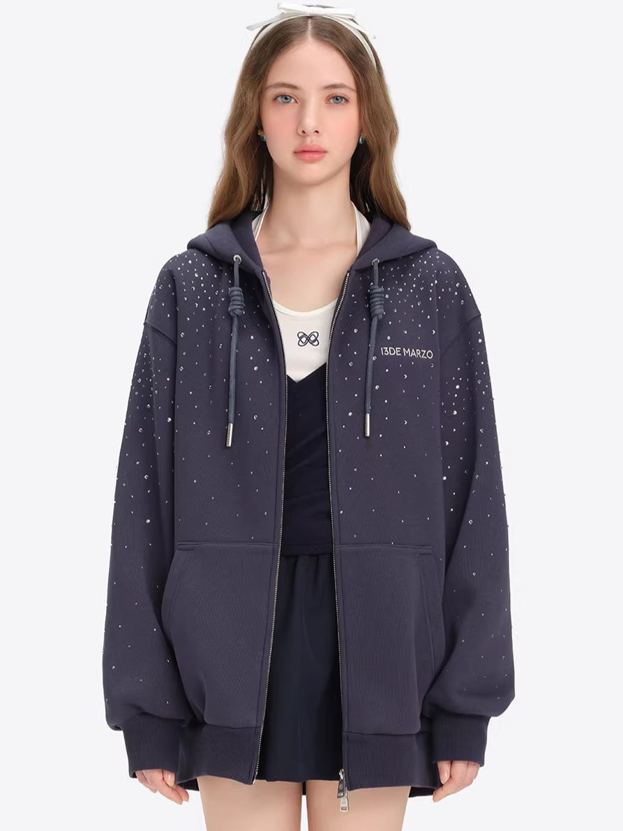 Faux-Diamond Embellished Relaxed Hoodie Jacket