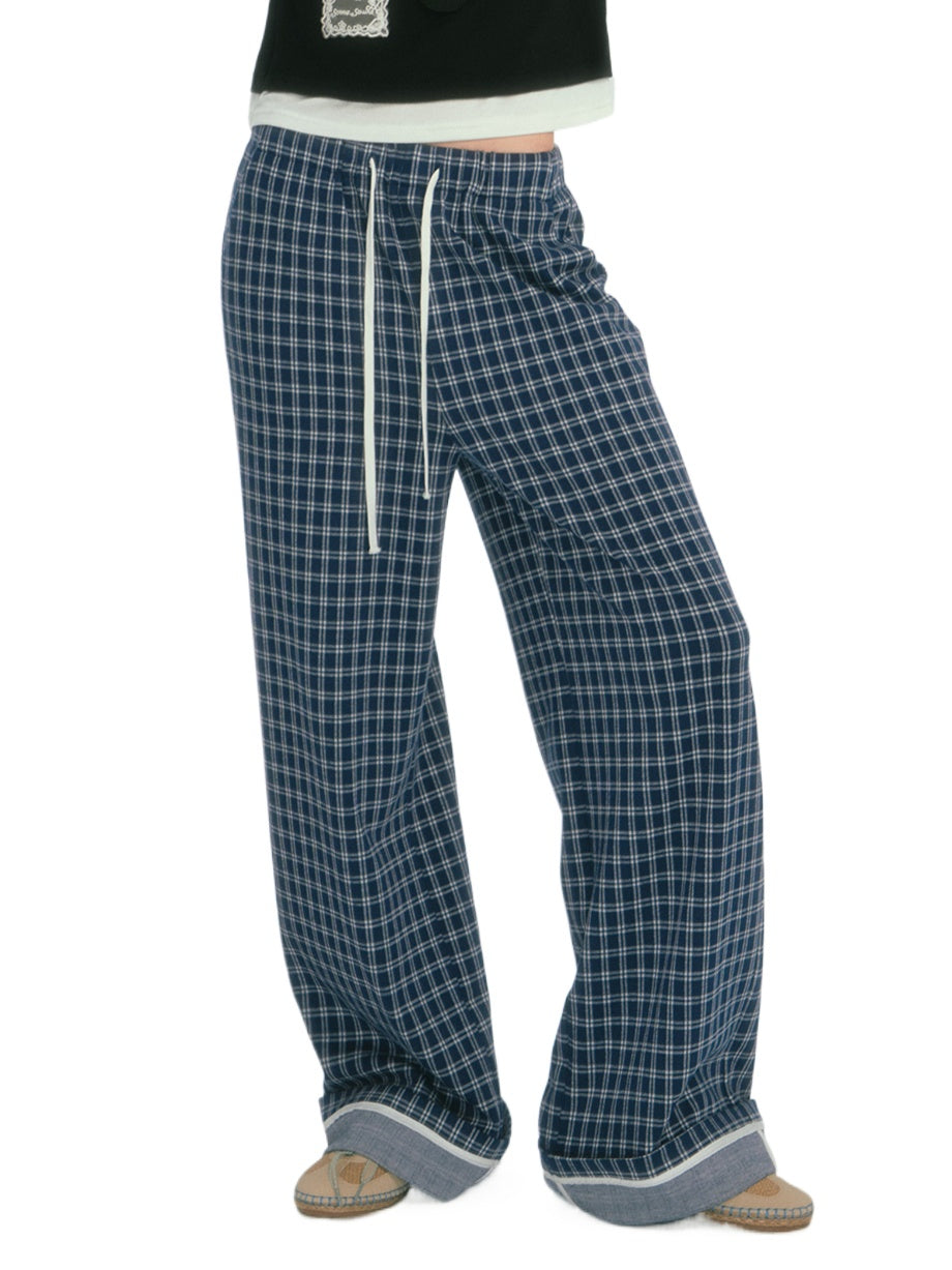 Relaxed Plaid Thin Fleece Wide-Leg Pants