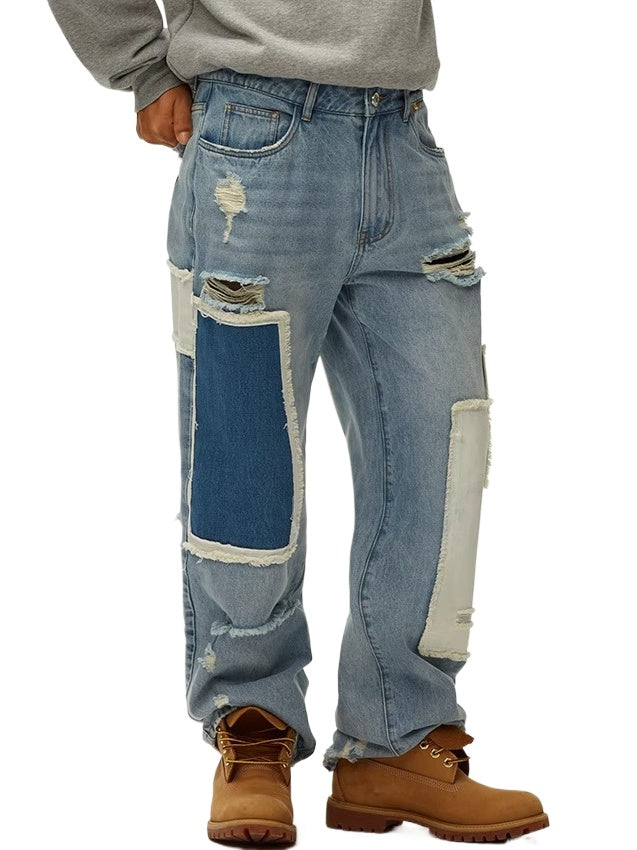 Asymmetric Patchwork Distressed Straight-Leg Jeans