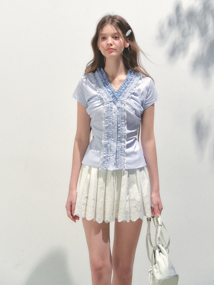 Blue Ruffled Lace Blouse - CHINASQUAD