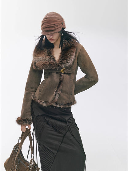 Vintage Asymmetric Shearling-Effect Suede Jacket