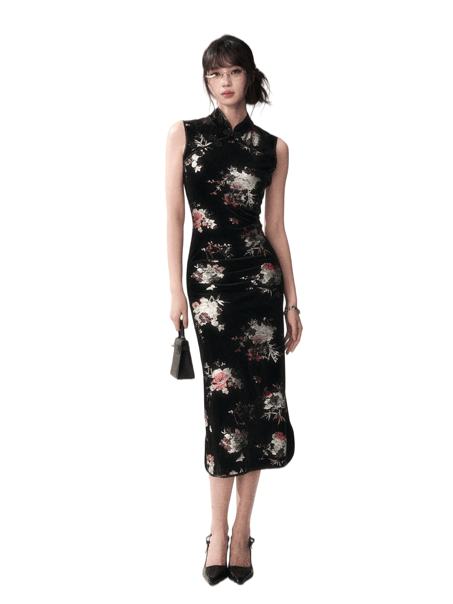 Gilded Velvet Floral Cheongsam Dress