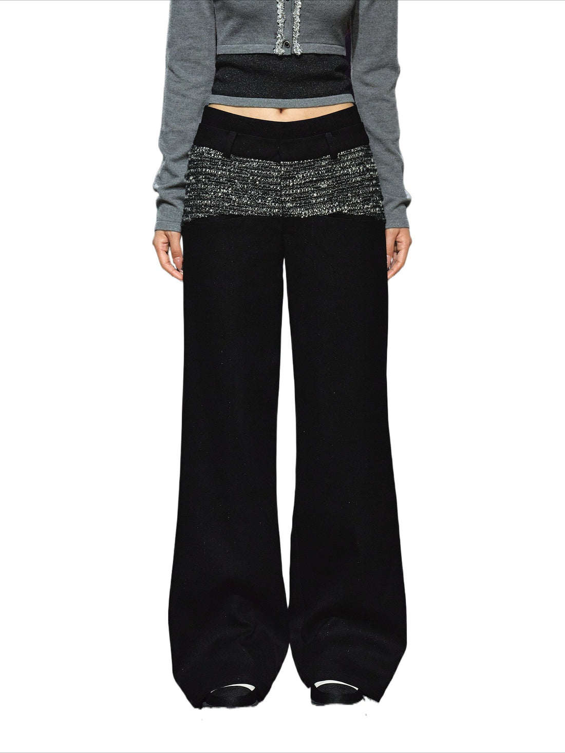 Contrast Waistband Tweed-Panel Straight Pants