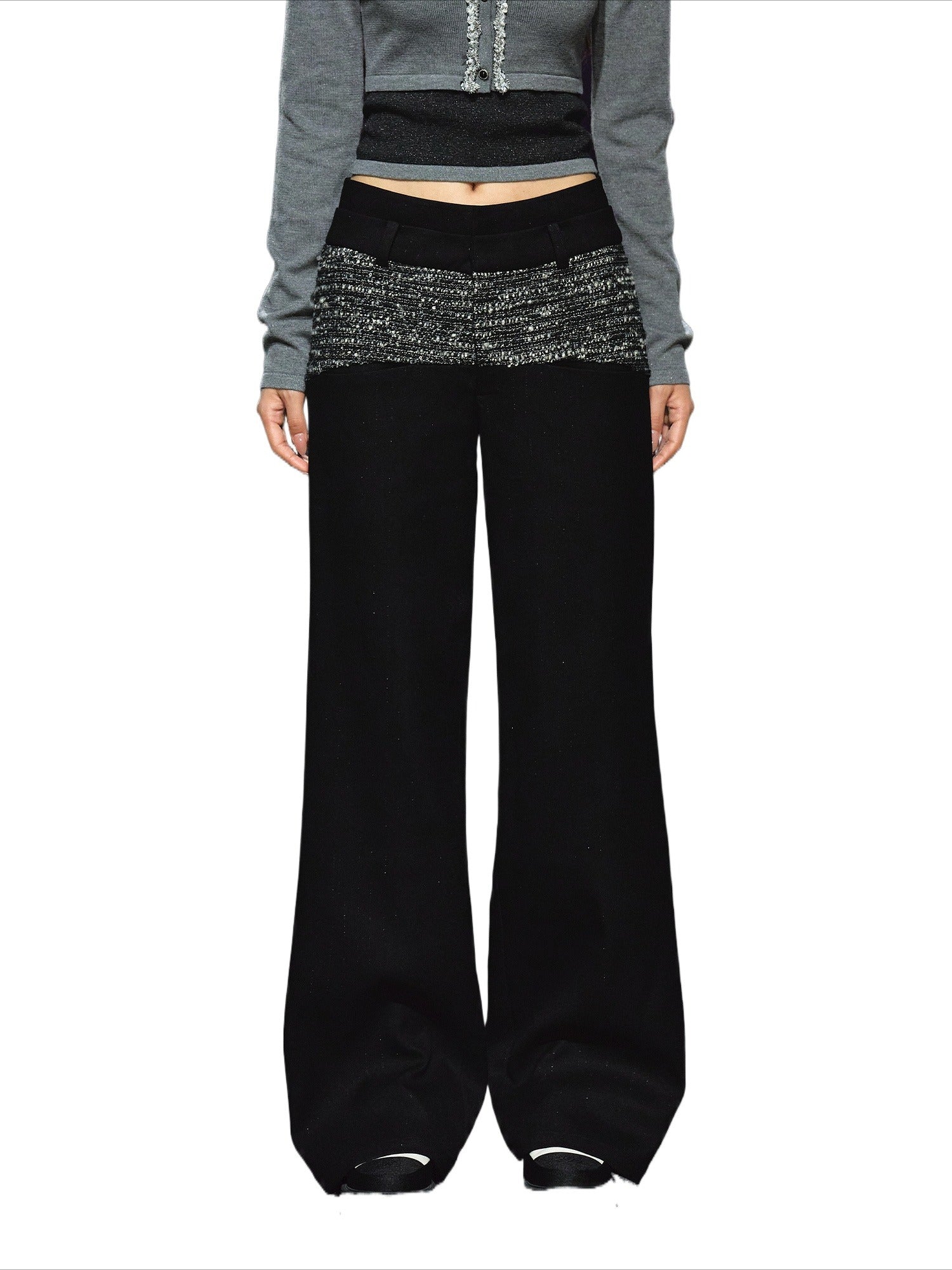 Contrast Waistband Tweed-Panel Straight Pants