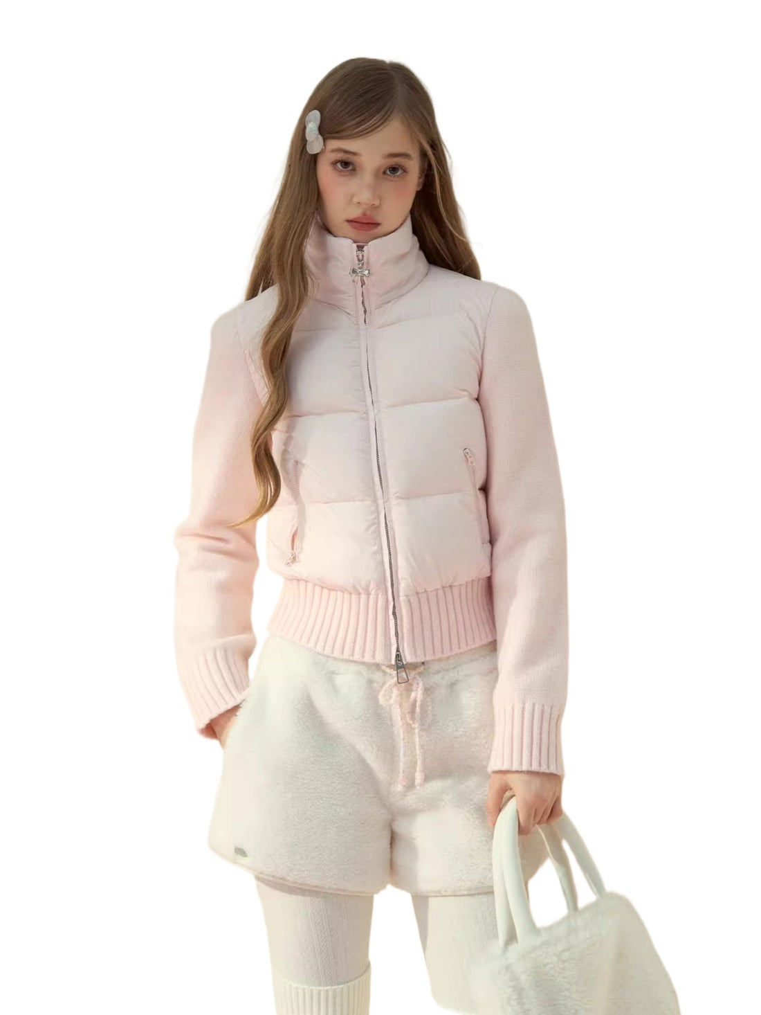 Cream Knit-Panel Down Jacket