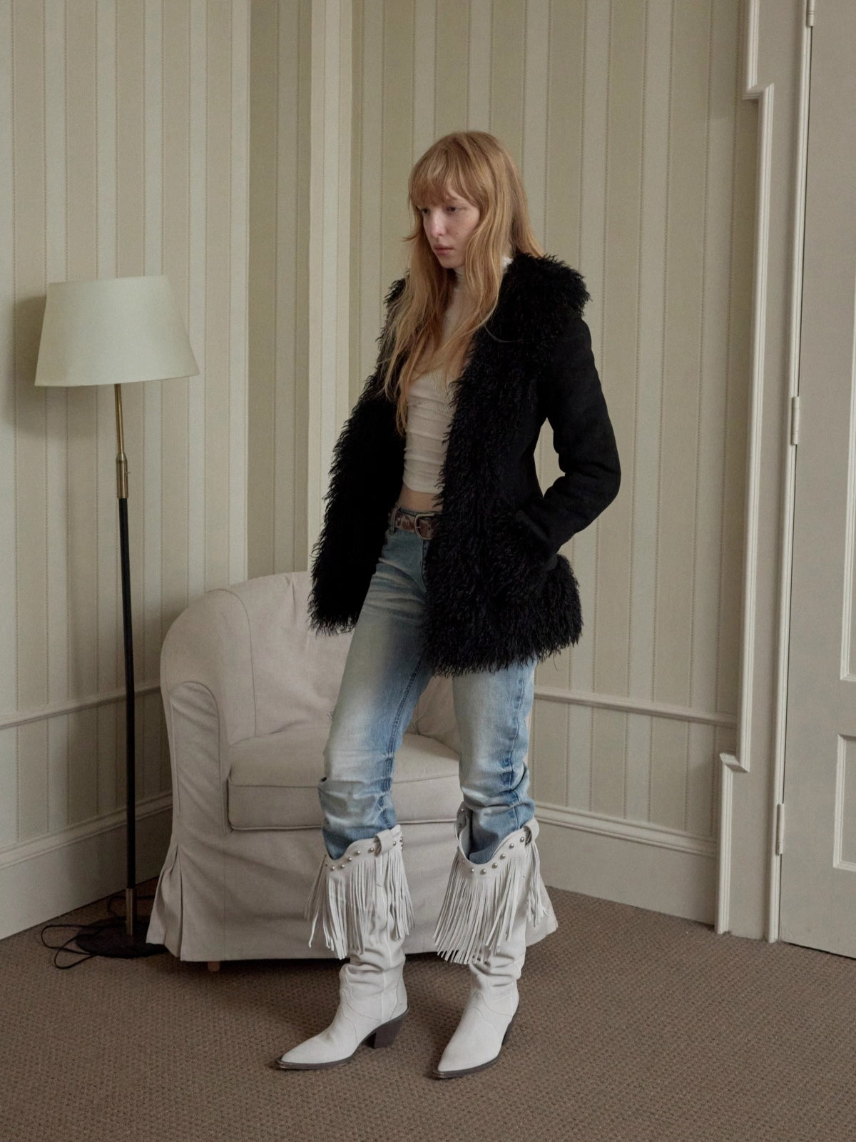 Suede Shearling Embroidered Panel Jacket