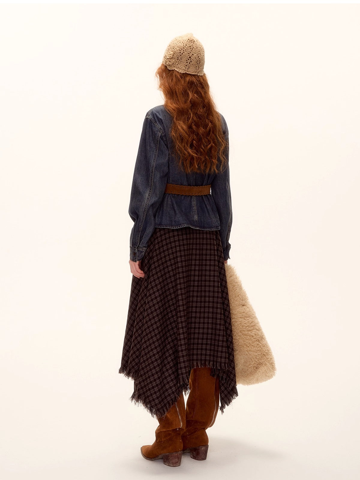 Frayed Hem Plaid Studded Belt Asymmetric A-Line Midi Skirt