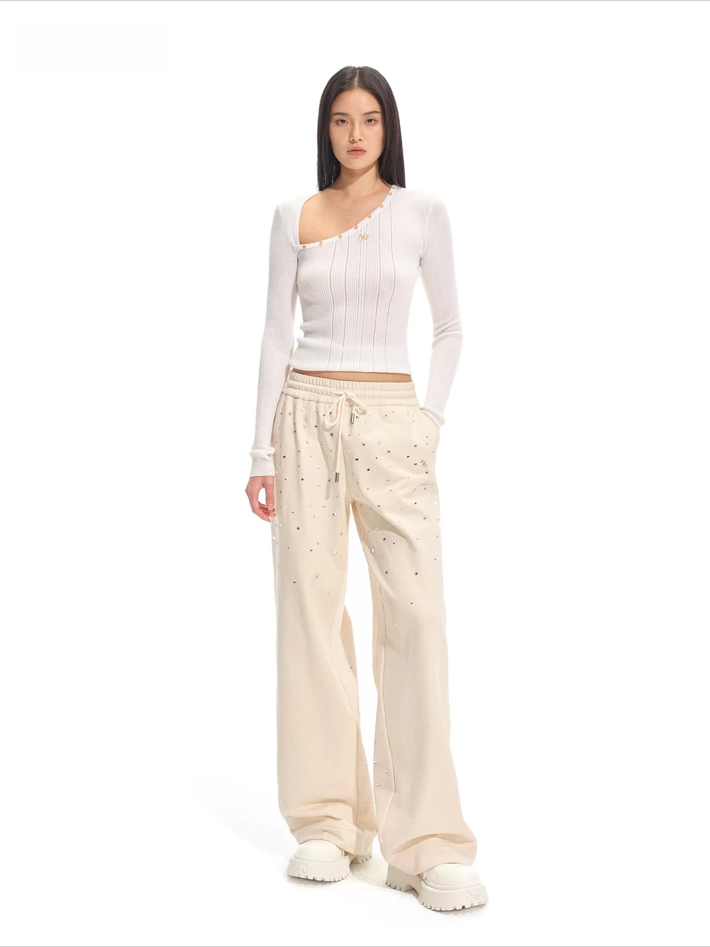 Gradient Rhinestone Cotton Knit Wide-Leg Pants