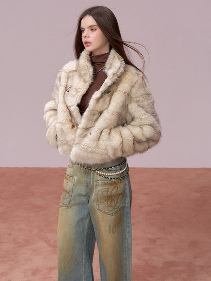 Double-Breasted Faux-Fur Short Jacket