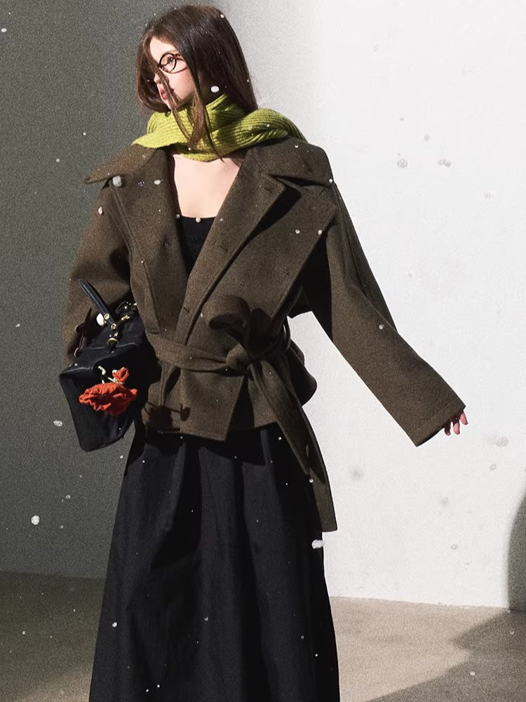 Waist-Defining Silhouette Stand-Collar Wool Coat