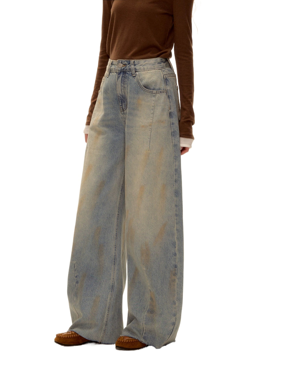 Vintage Washed Distressed Wide-Leg Denim Pants