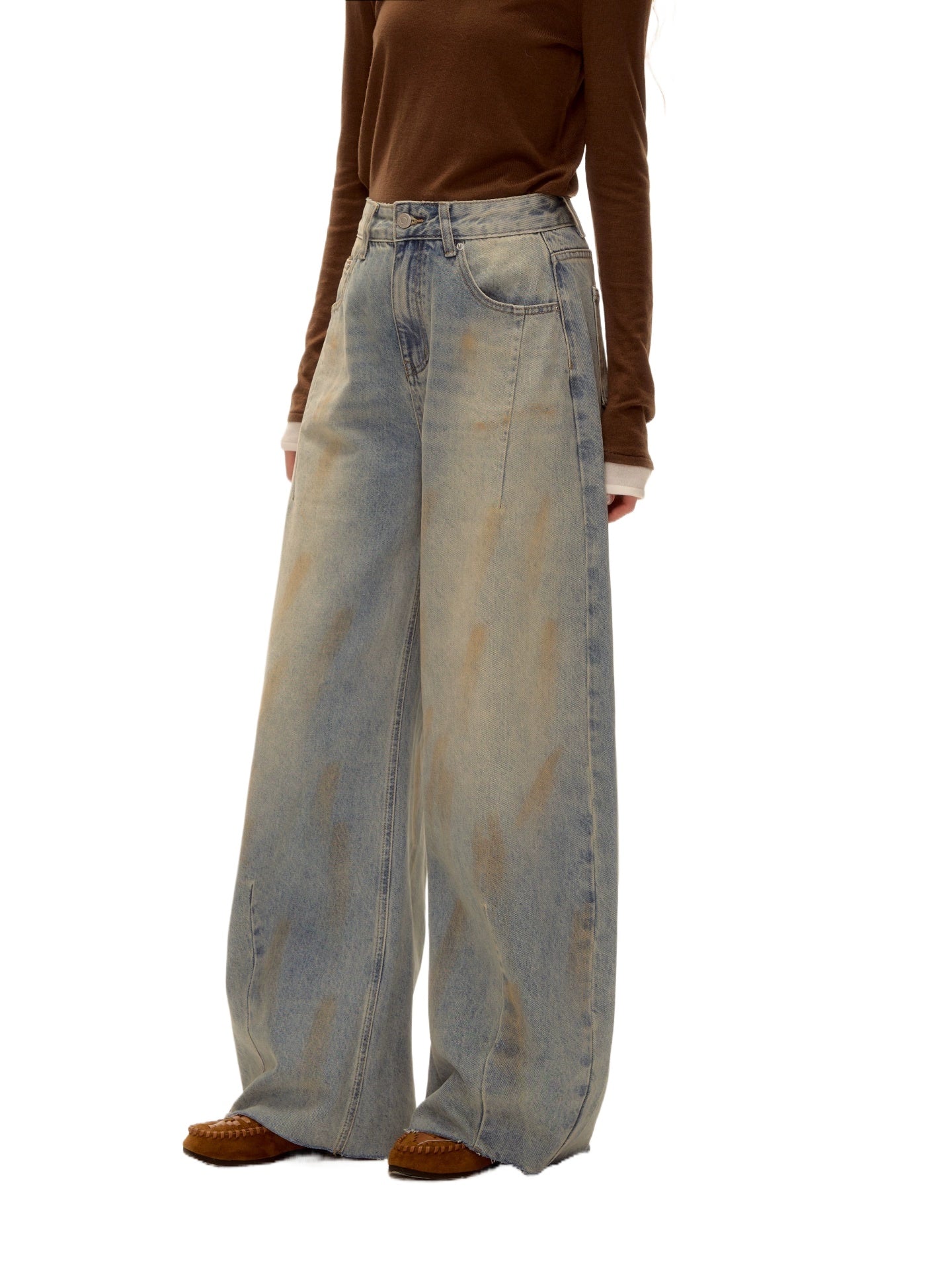 Vintage Washed Distressed Wide-Leg Denim Pants