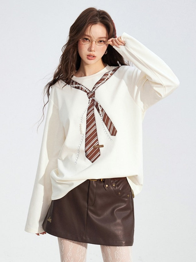 Pearl-Tie Printed Relaxed Long Sleeve T-Shirts