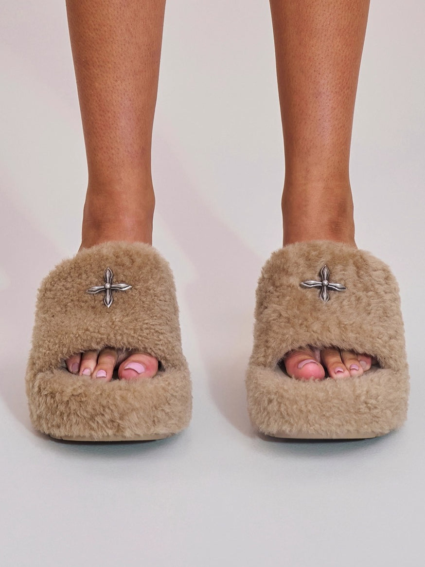 Cross Relic Shearling Heel Mules