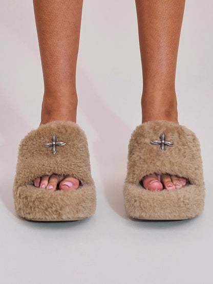 Cross Relic Shearling Heel Mules