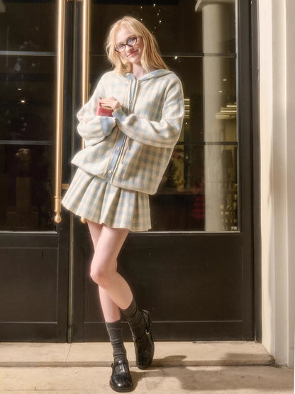 Plaid Contrast Jacket &amp; Pleated Skirt Set