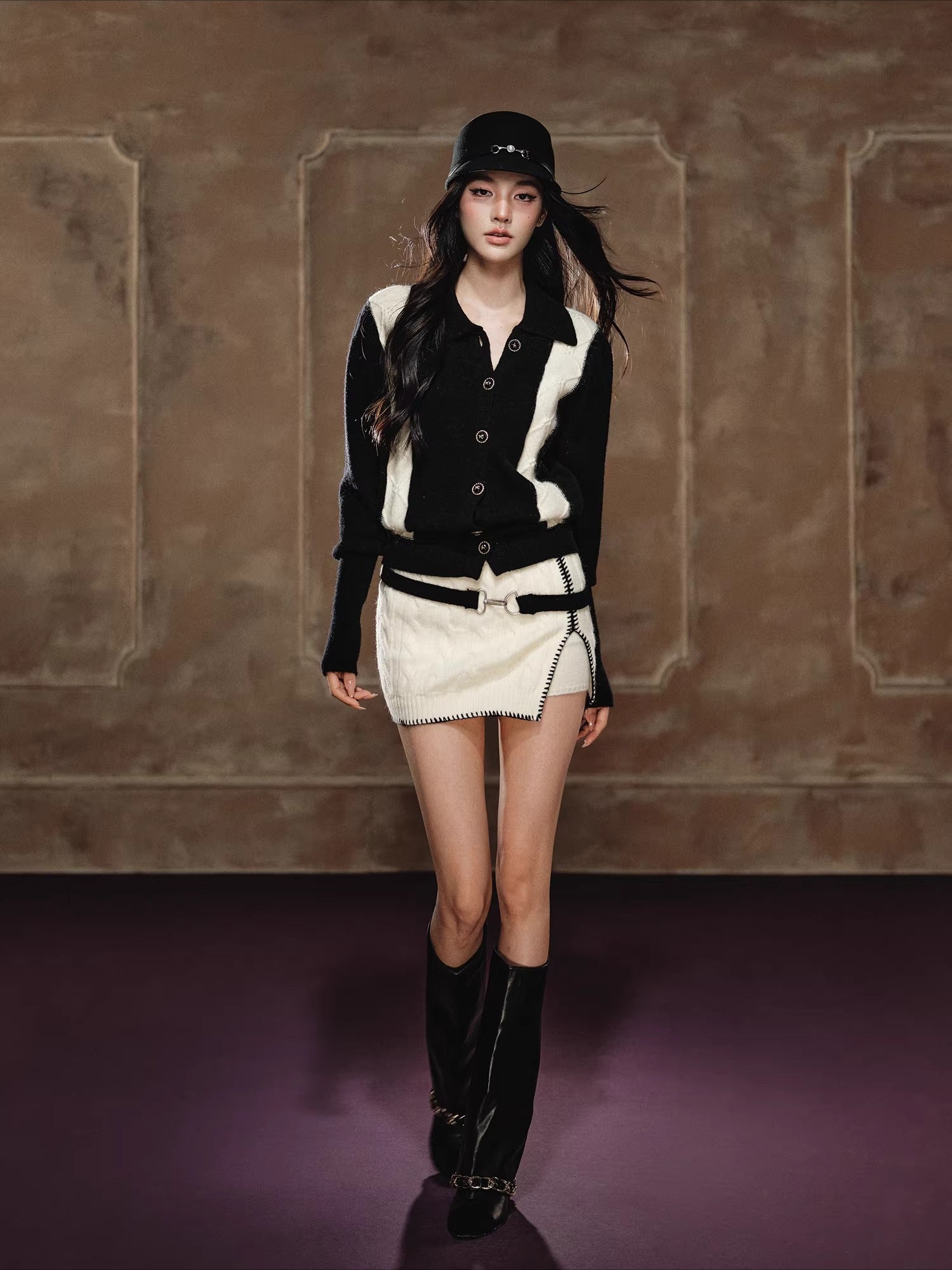 Tweed Knit Sweater &amp; Belted Mini Skirt Set