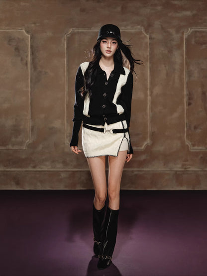 Tweed Knit Sweater &amp; Belted Mini Skirt Set