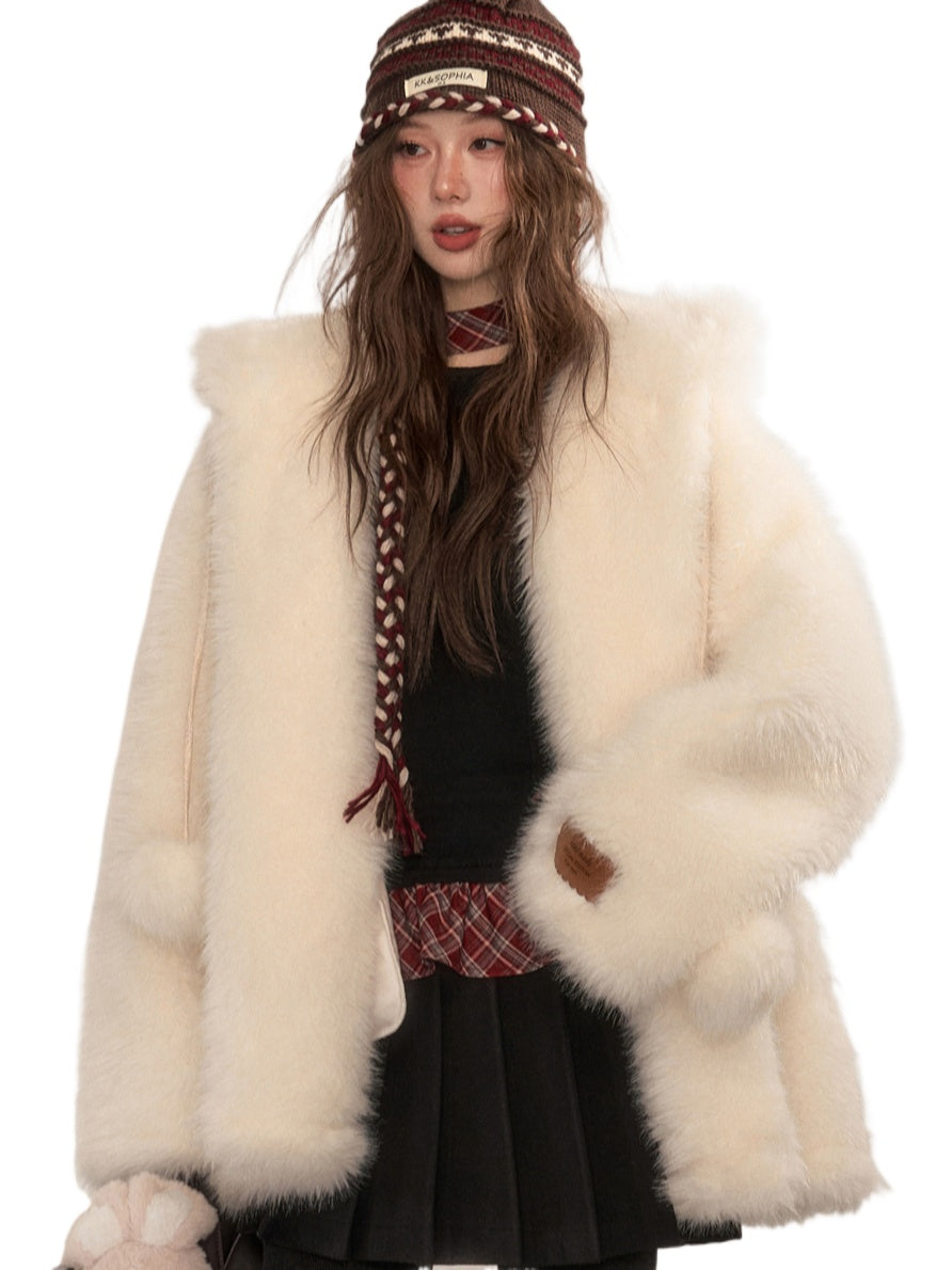 Short Hooded Faux Fur Coat