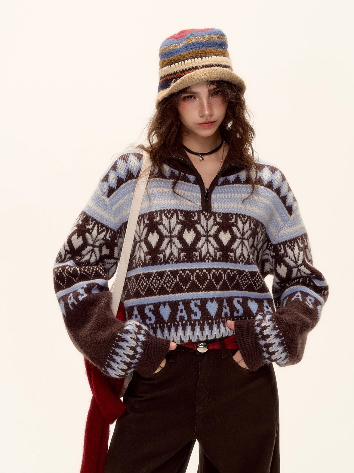 Vintage Fair Isle Half-Zip Fringe Hem Sweater