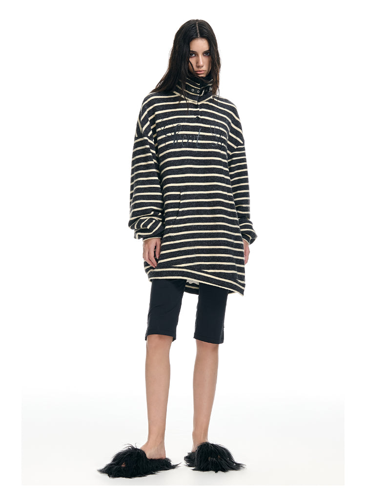 Striped Stand-Collar Fleece-Lined Loose Sweatshirt