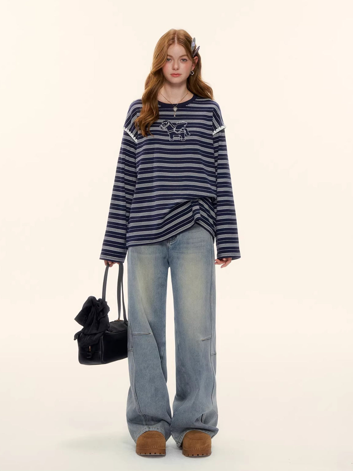 Vintage Washed Curved-Leg Denim Pants