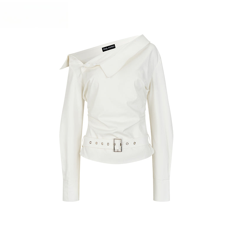 Off-Shoulder Pleated Waist Belt Short Shirt - CHINASQUAD
